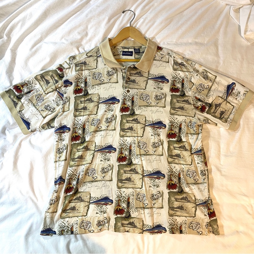 PURITAN fish and boat printed cream polo shirt